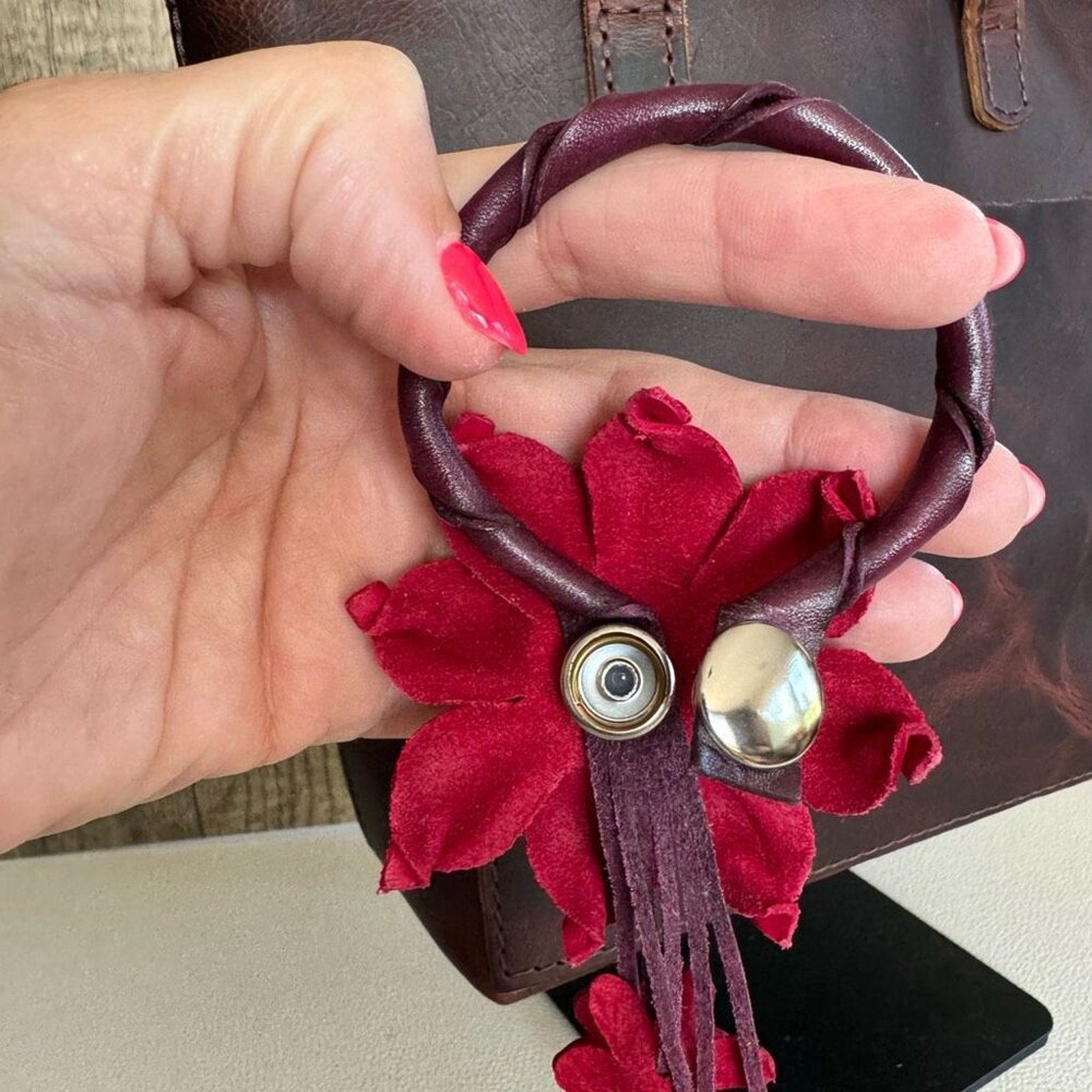 Flower Leather Bag Charm Leather Purse Red Flower Crossbody NEW