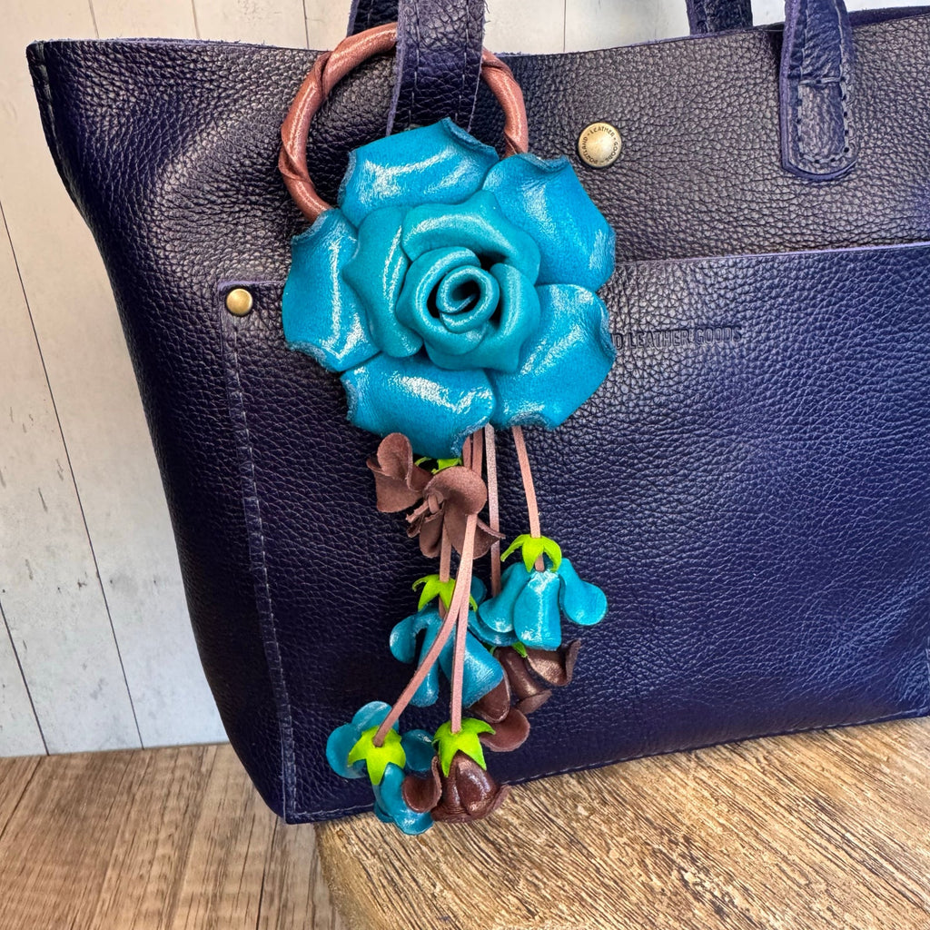 Leather Bright Blue Rose Purse Charm Genuine Leather Flower Bag Charm FAST SHIP