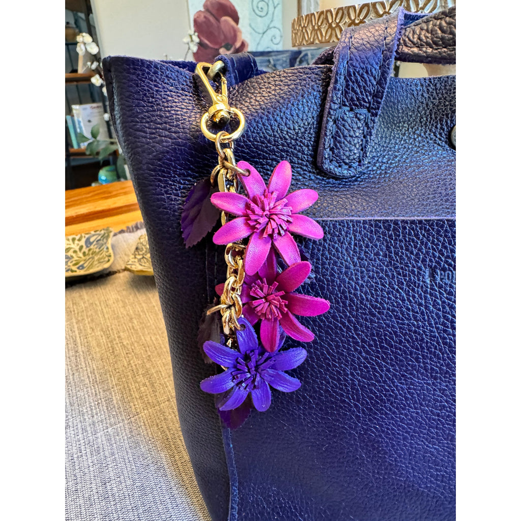 Purple Pink Flower Bag Charm Genuine Leather Purse Charm Flower Charms NEW!