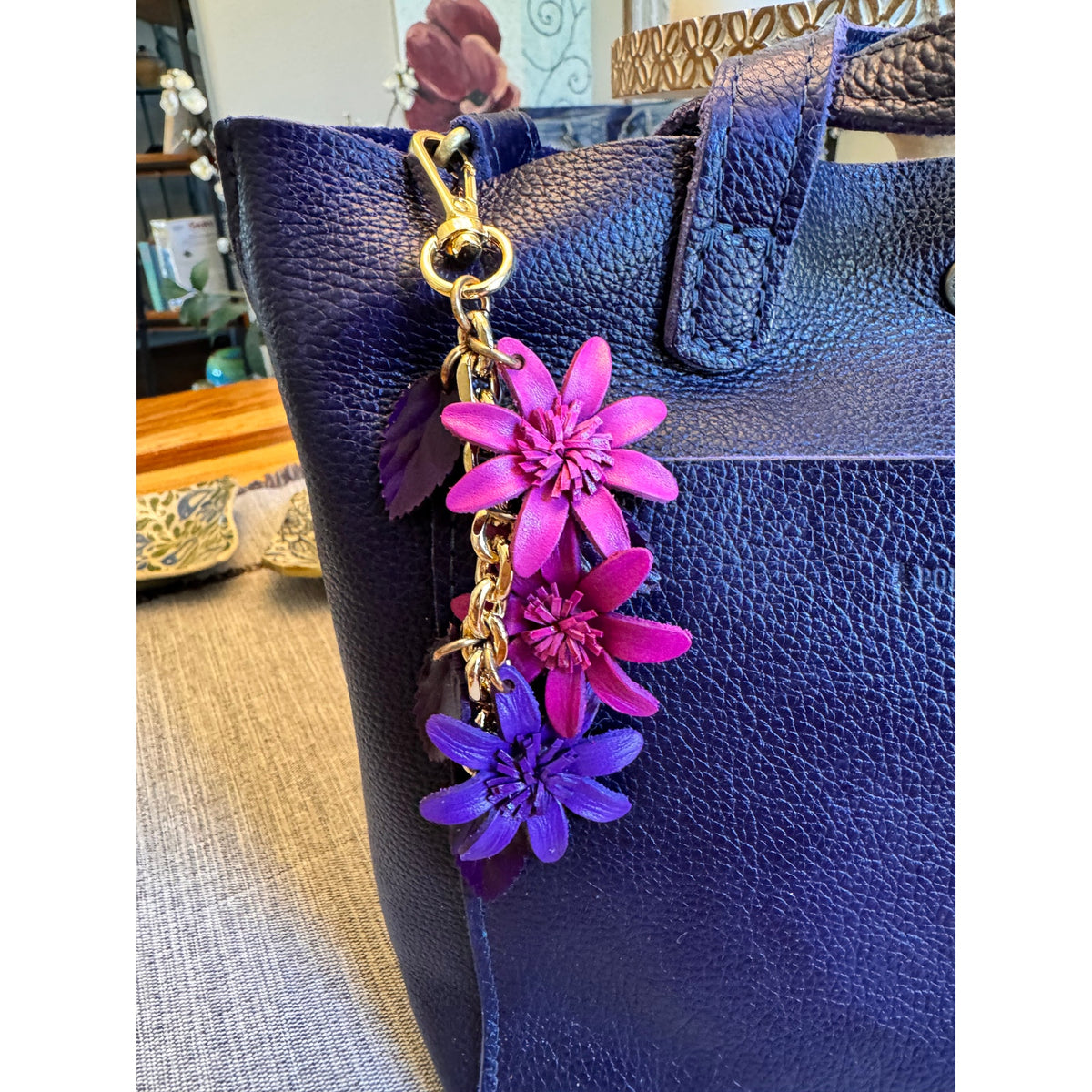 Purple Pink Flower Bag Charm Genuine Leather Purse Charm Flower Charms NEW!