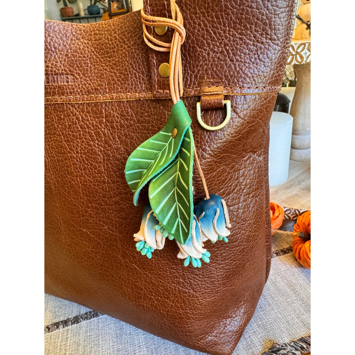 Genuine Leather Green Leaf Blue Flower Purse Charm Leather Bag Charm