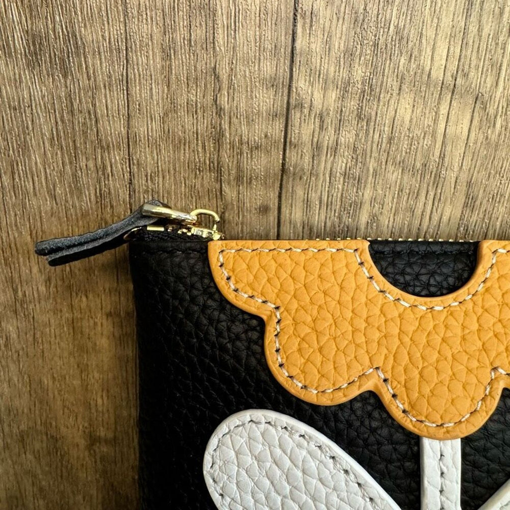 Flower Coin Purse Wallet Black Leather Wallet NEW FAST SHIP Genuine Leather