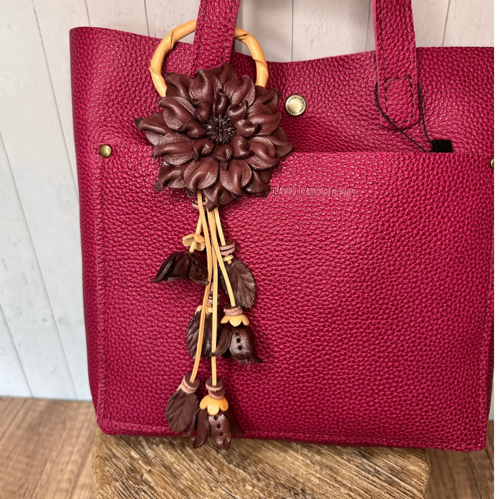 Leather Flower Purse Charm Genuine Leather Eggplant Brown Dahlia Fall Bag Charm