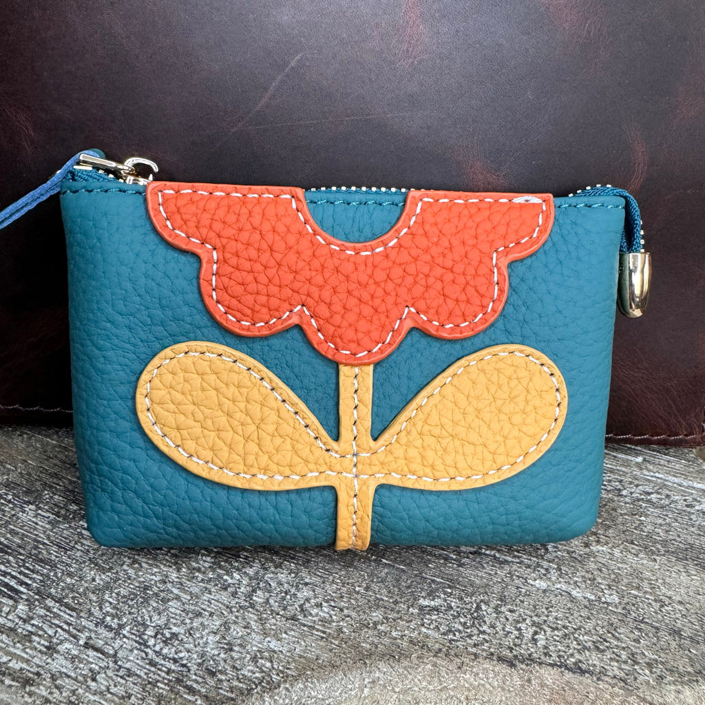 Flower Turquoise Coin Purse Wallet Genuine Leather Wallet FAST SHIP 5.25 inch