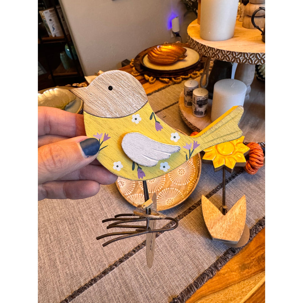 Set of 3 Rustic Home Decor Wood Flower Candle Plate Yellow Songbird Daisy Flower