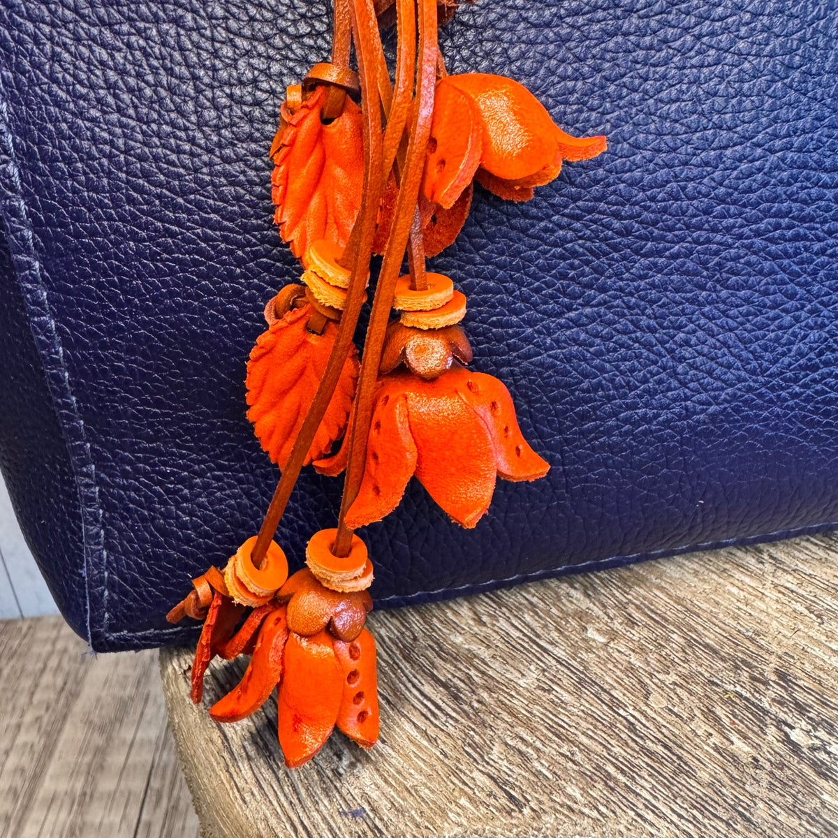 Leather Flower Purse Charm Genuine Leather Orange Mum Dahlia Bag Charm NeW!