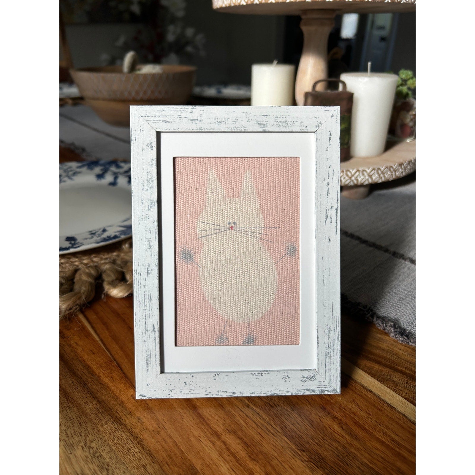 Pink Kitty Cat White Cat Mini Picture Frame Original Art Desk Wall Art Decor