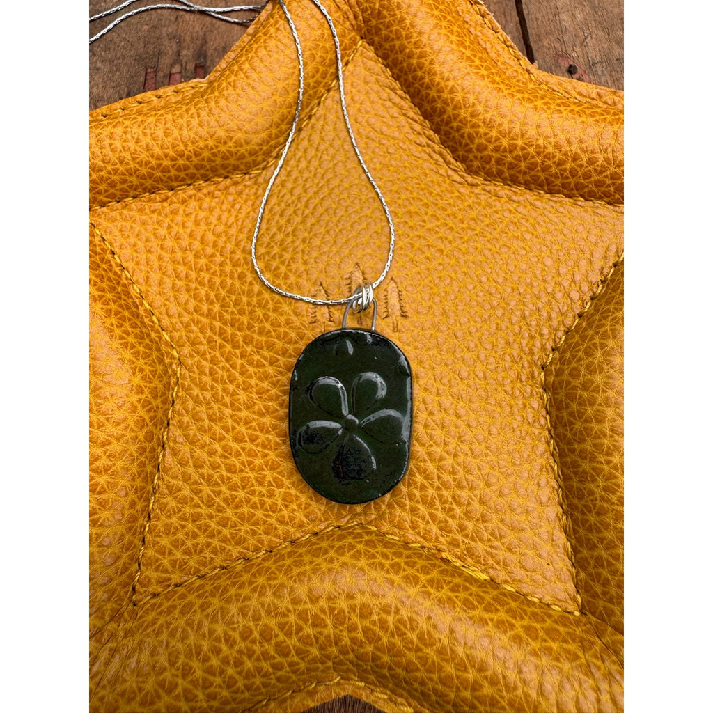 Kiln Fired Mirror Daisy Necklace Handcrafted Ceramic Pendant Jewelry Green