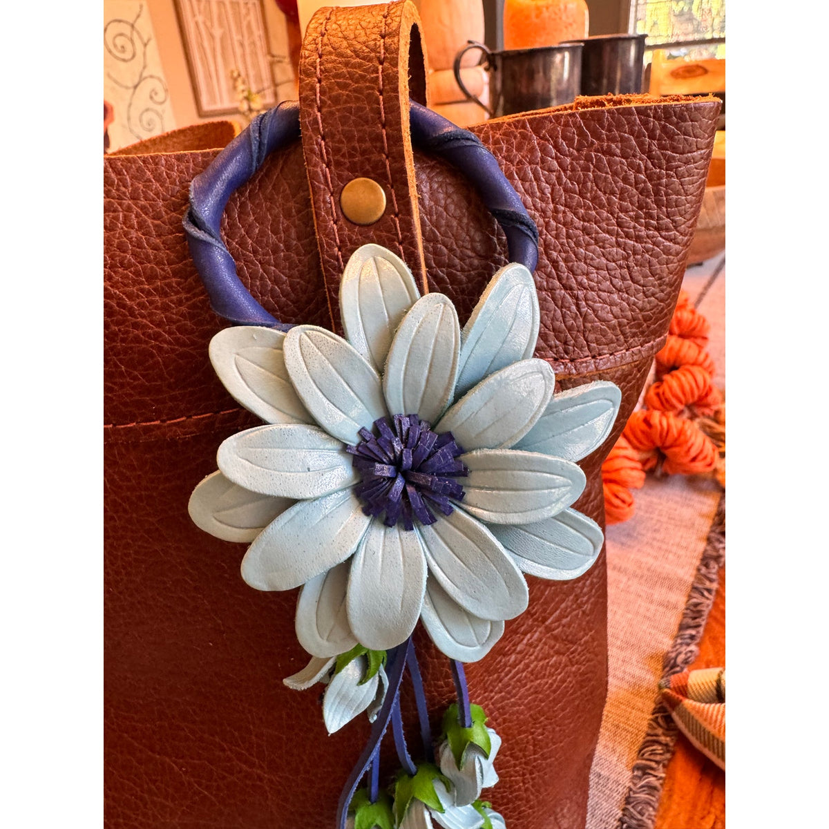 Light Blue Sunflower Purse Charm Flower Bag Charm Genuine Leather Accessories