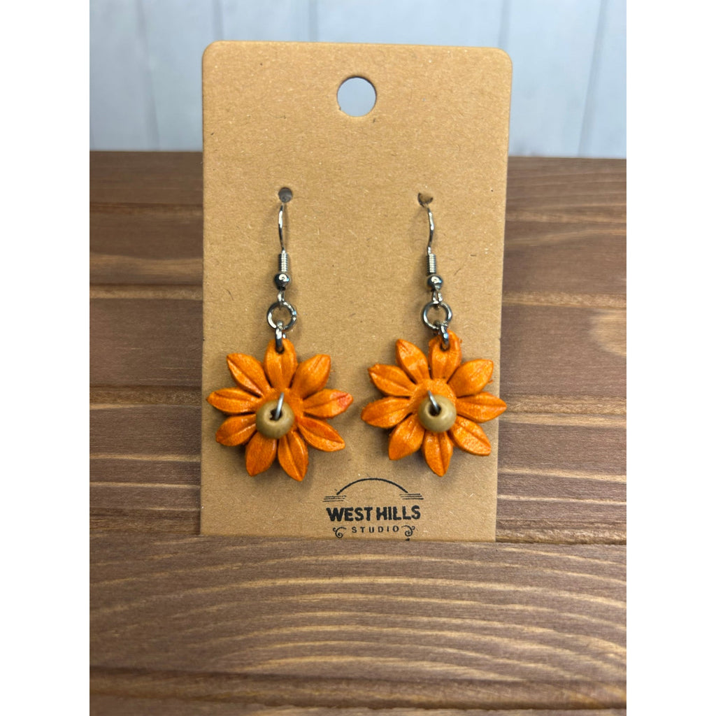 Genuine Leather Flower Earrings Orange Gerbera Daisy Dangle Earrings NEW!