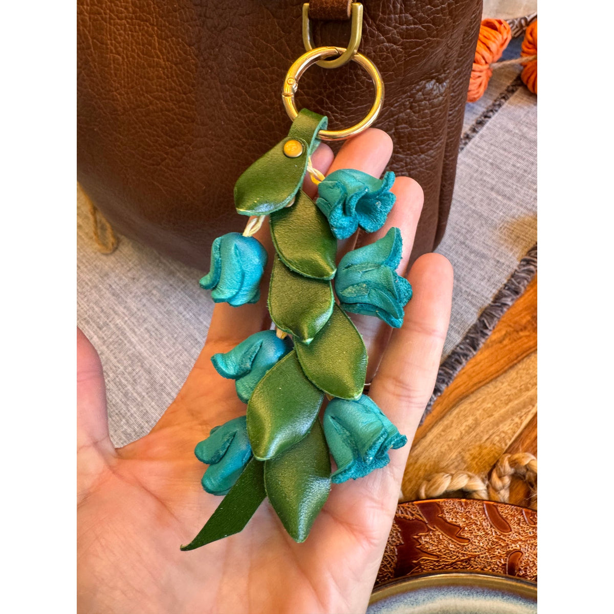 Genuine Leather Trailing Blue Bell Flower Purse Charm Leather Bag Charm