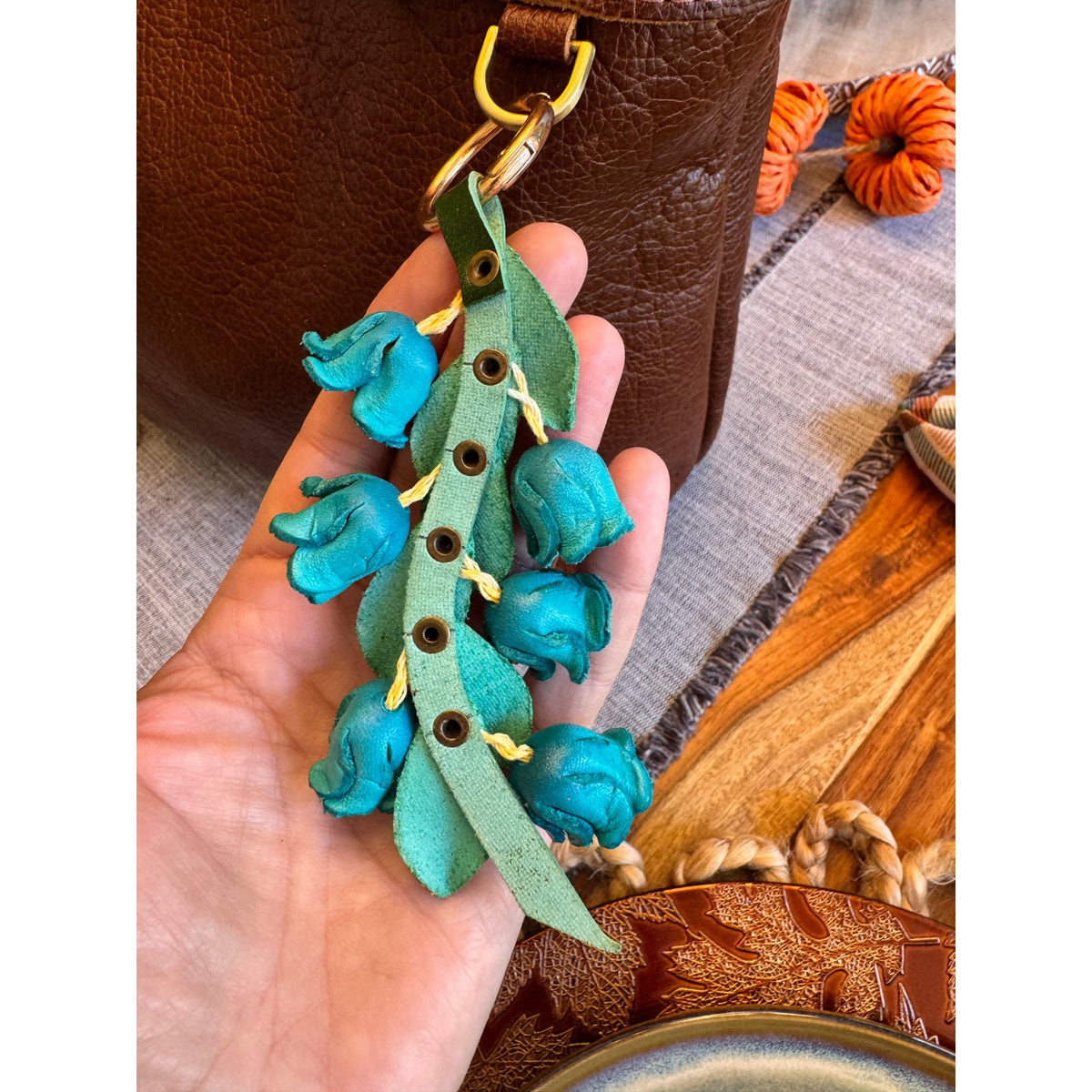 Genuine Leather Trailing Blue Bell Flower Purse Charm Leather Bag Charm