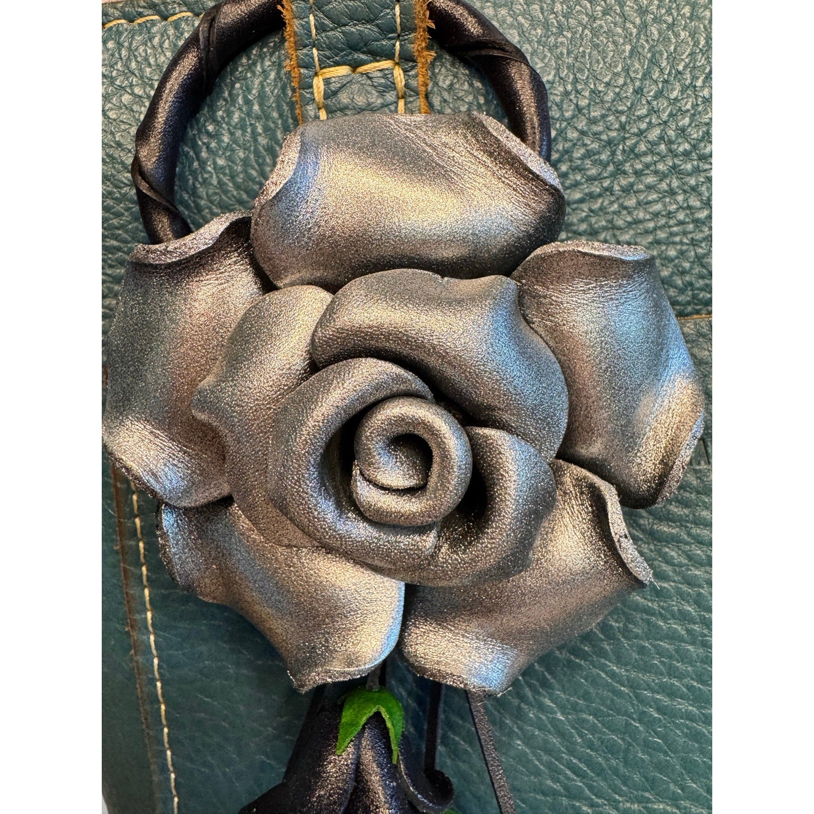 Rose Purse Charm Genuine Leather Silver Rose Summer Flower Bag Charm FAST SHIP