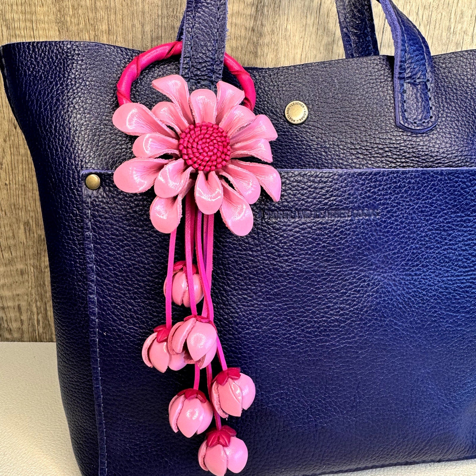 Leather Flower Purse Charm Genuine Leather Pink Gerbera Daisy Bag Charm