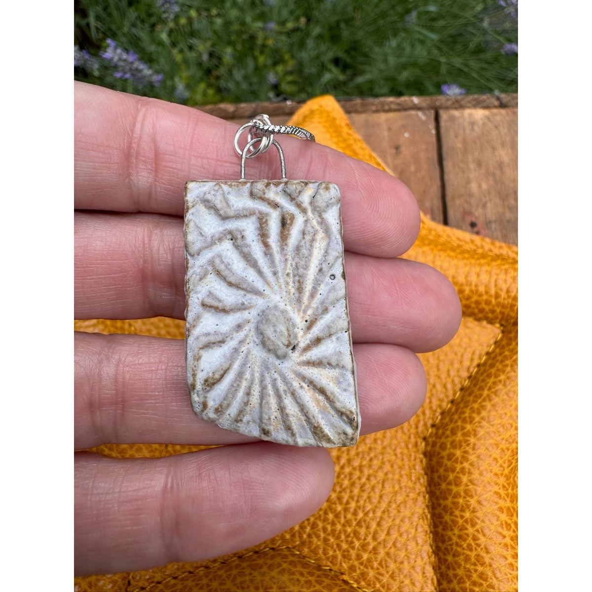 Kiln Fired Off White Pendant Necklace Handcrafted Ceramic Sunburst Jewelry