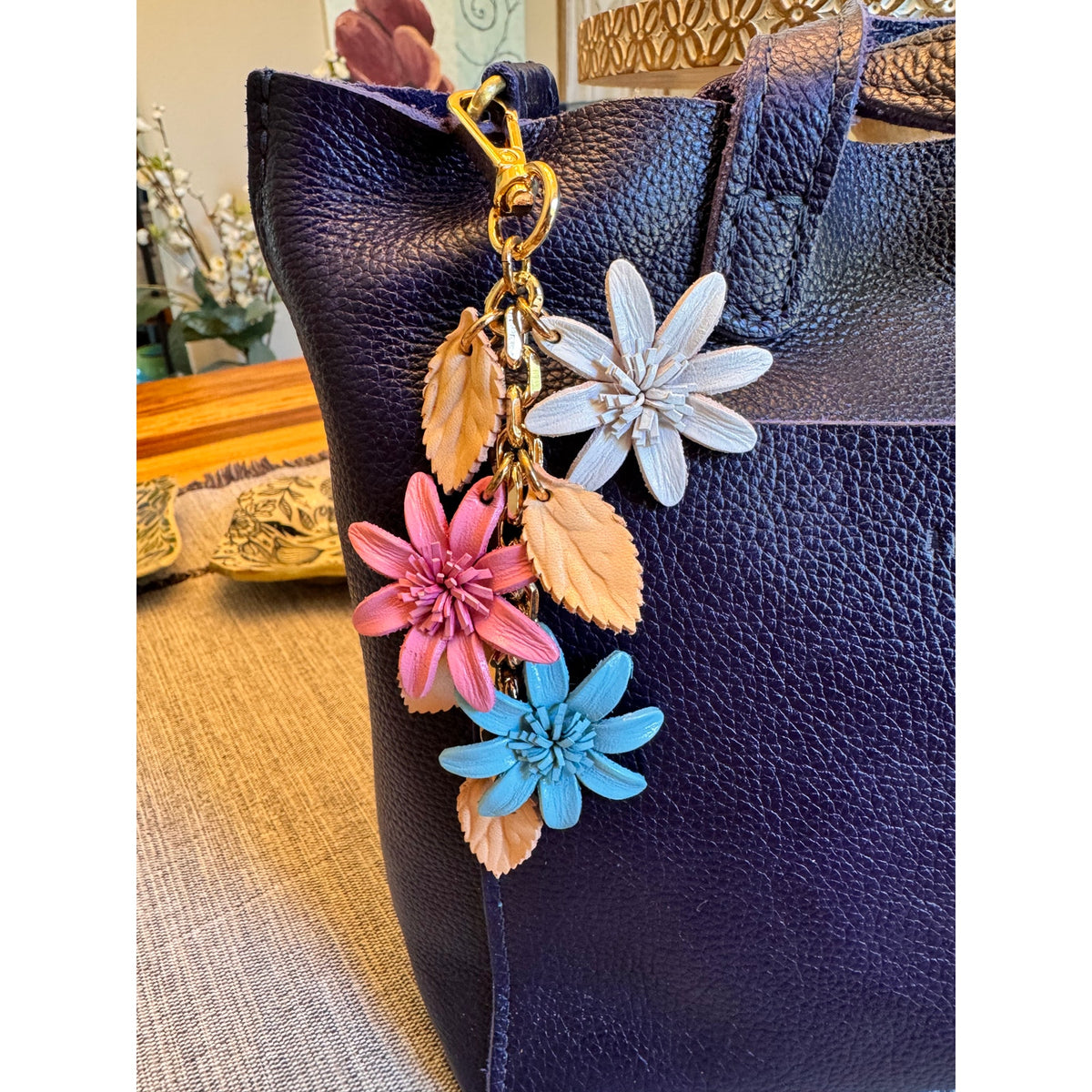 Pink Baby Blue Flower Bag Charm Genuine Leather Purse Charm Flower Charms NEW!