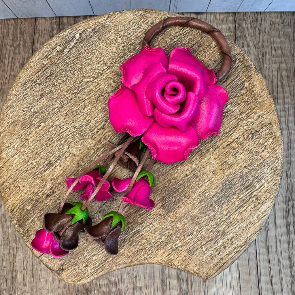 Leather Hot Pink Rose Purse Charm Genuine Leather Flower Bag Charm NEW FAST SHIP