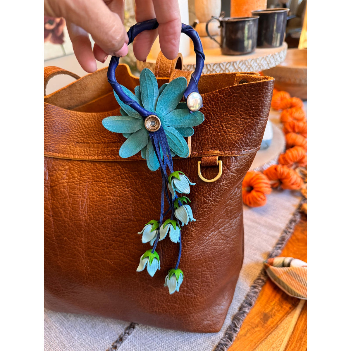 Light Blue Sunflower Purse Charm Flower Bag Charm Genuine Leather Accessories