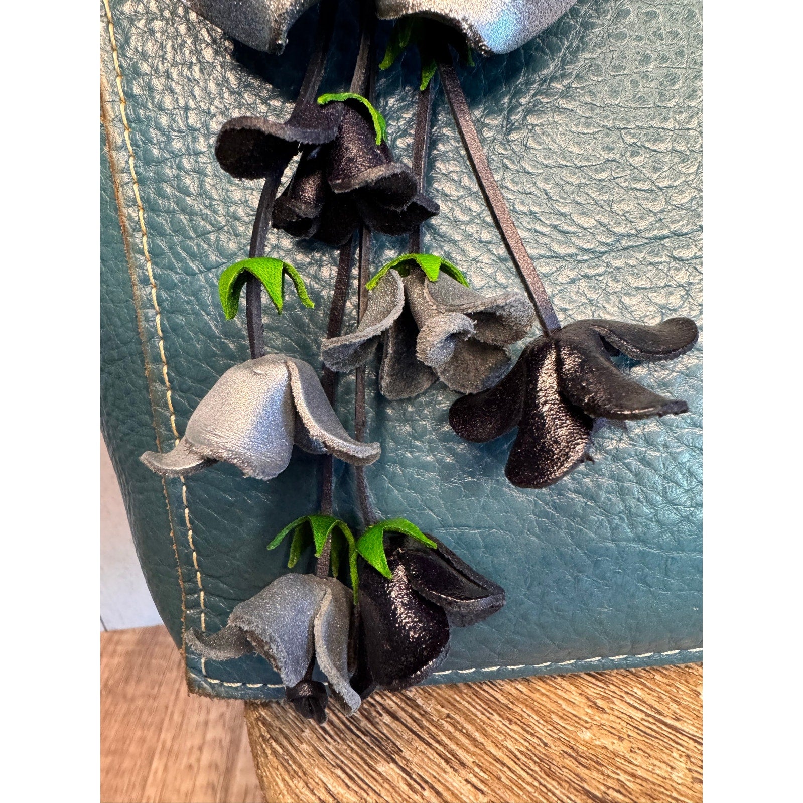 Rose Purse Charm Genuine Leather Silver Rose Summer Flower Bag Charm FAST SHIP