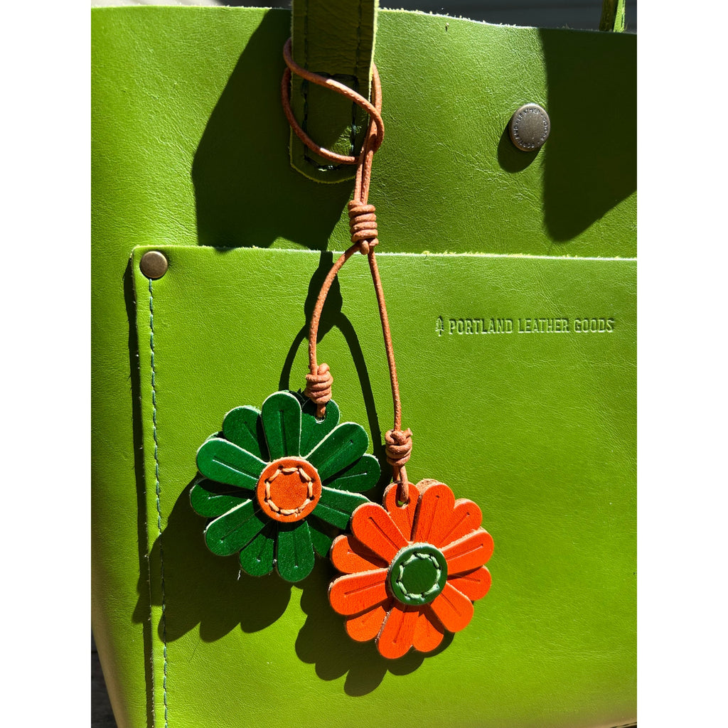 Genuine Leather Green Orange Daisy Bag Charm Flowers Purse Charm