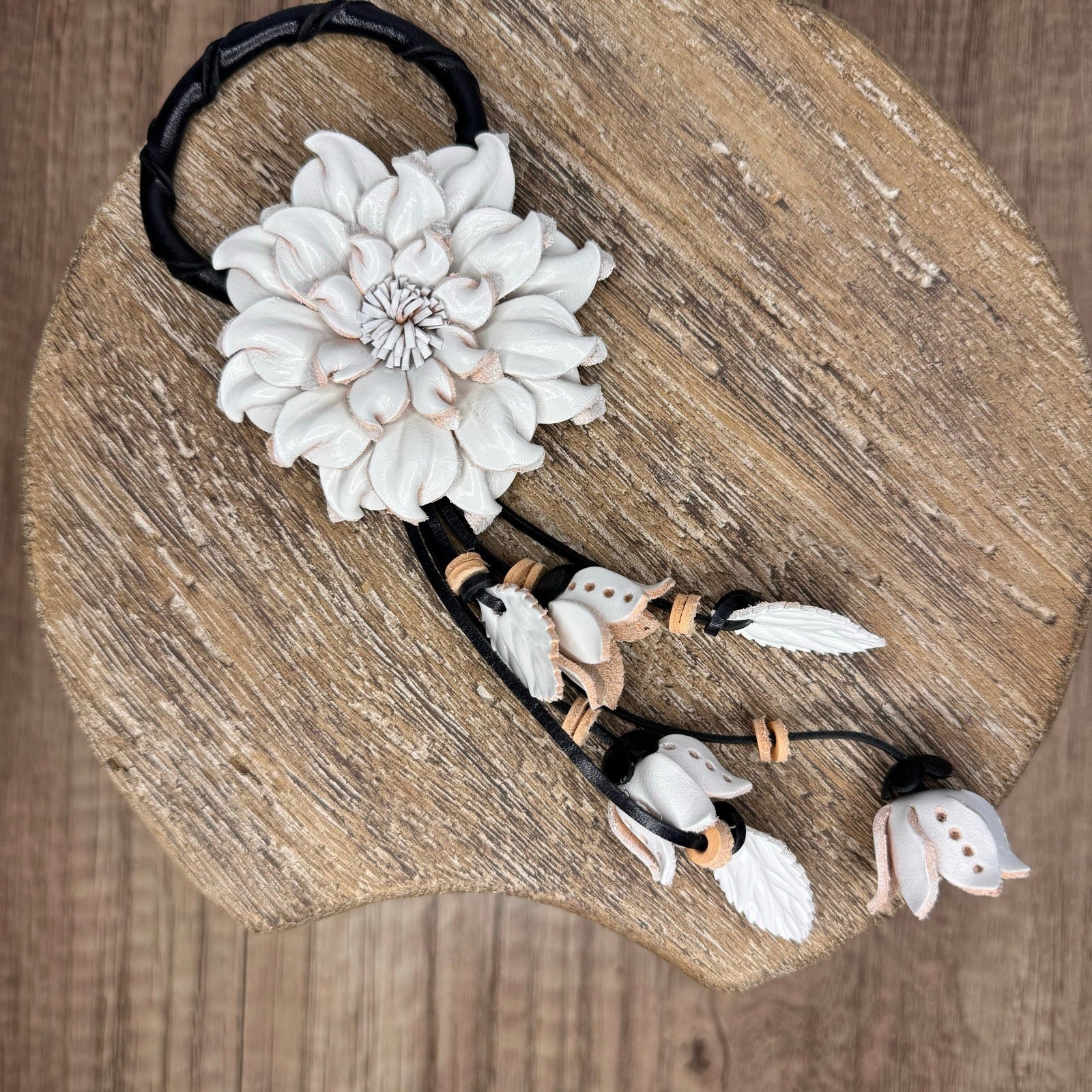 White Dahlia Leather Flower Purse Charm Genuine Leather White Flower Bag Charm