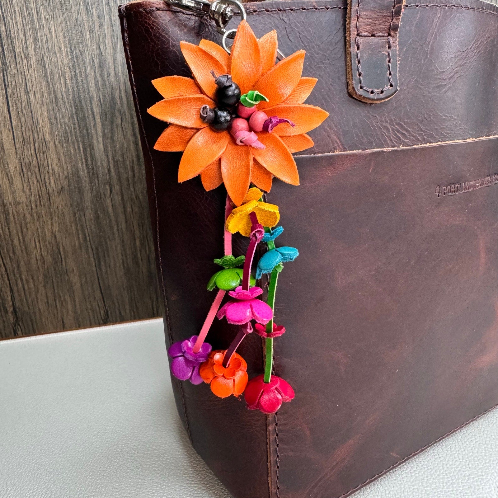 Daisy Flower Leather Bag Charm Genuine Orange Leather Purse Crossbody Keychain