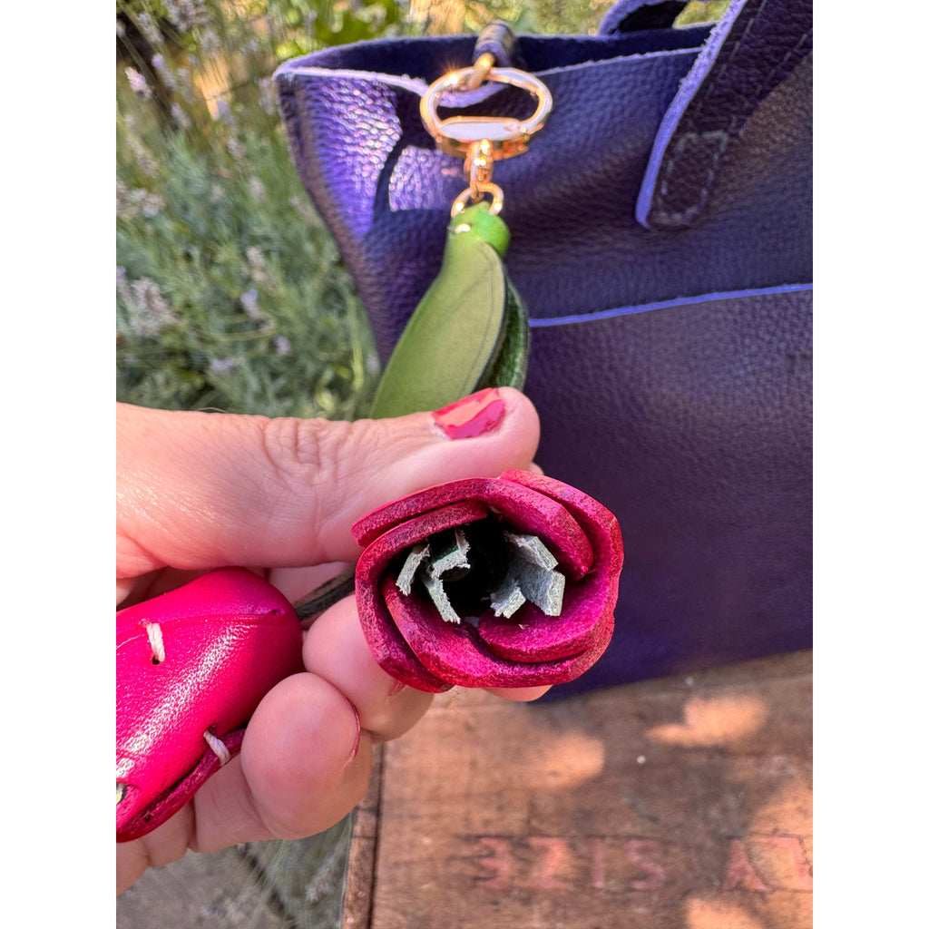 Genuine Leather Hot Pink Tulip Bag Charm Tulip Spring Pink Flower Leather Charm