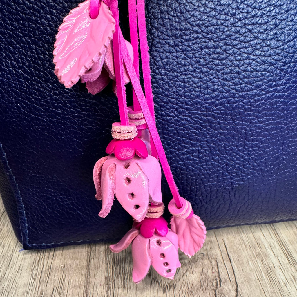 Leather Flower Purse Charm Genuine Leather Pink Mum Bag Charm NEW FAST SHIP