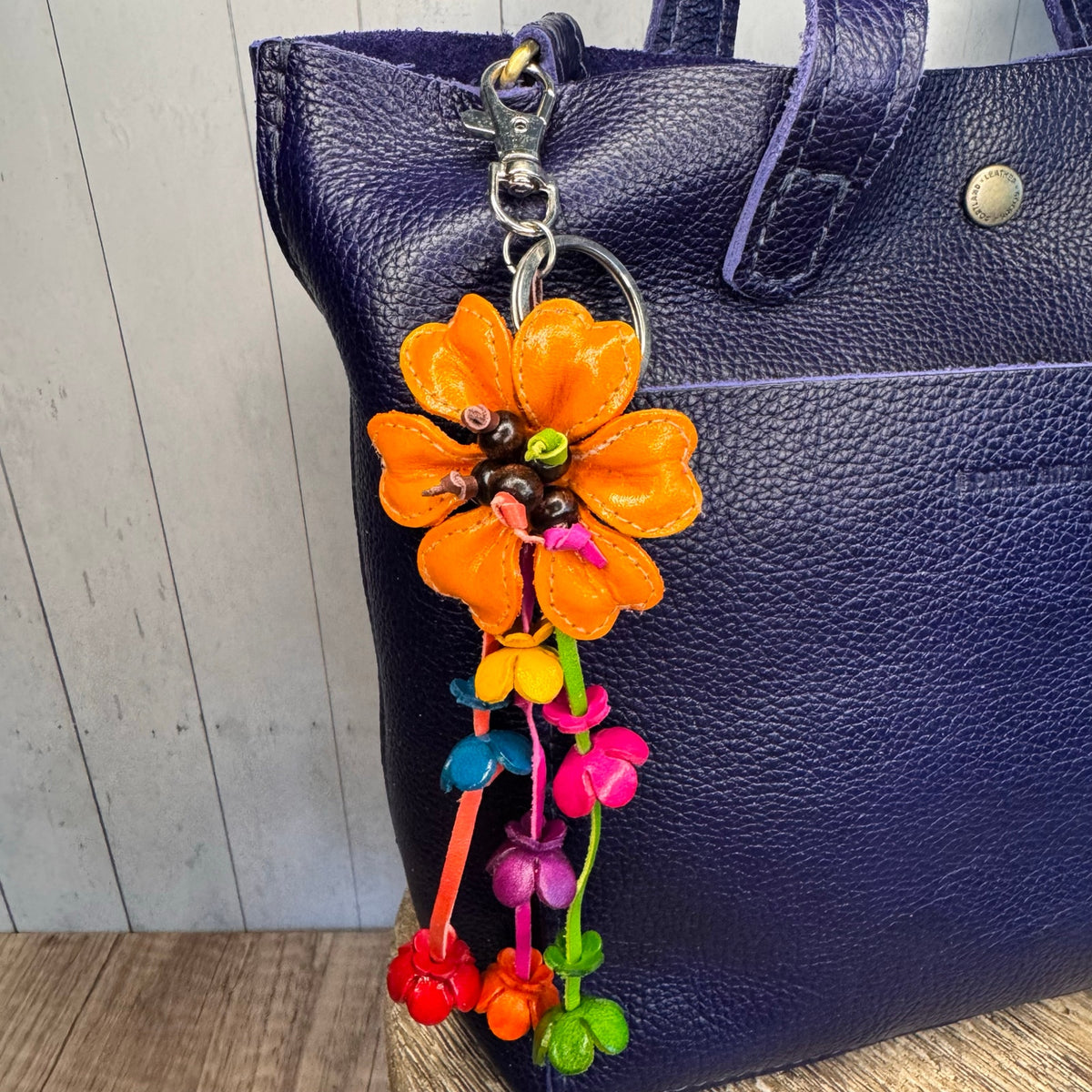 Orange Daisy Flower Leather Bag Charm Genuine Leather Purse Charm Flowers
