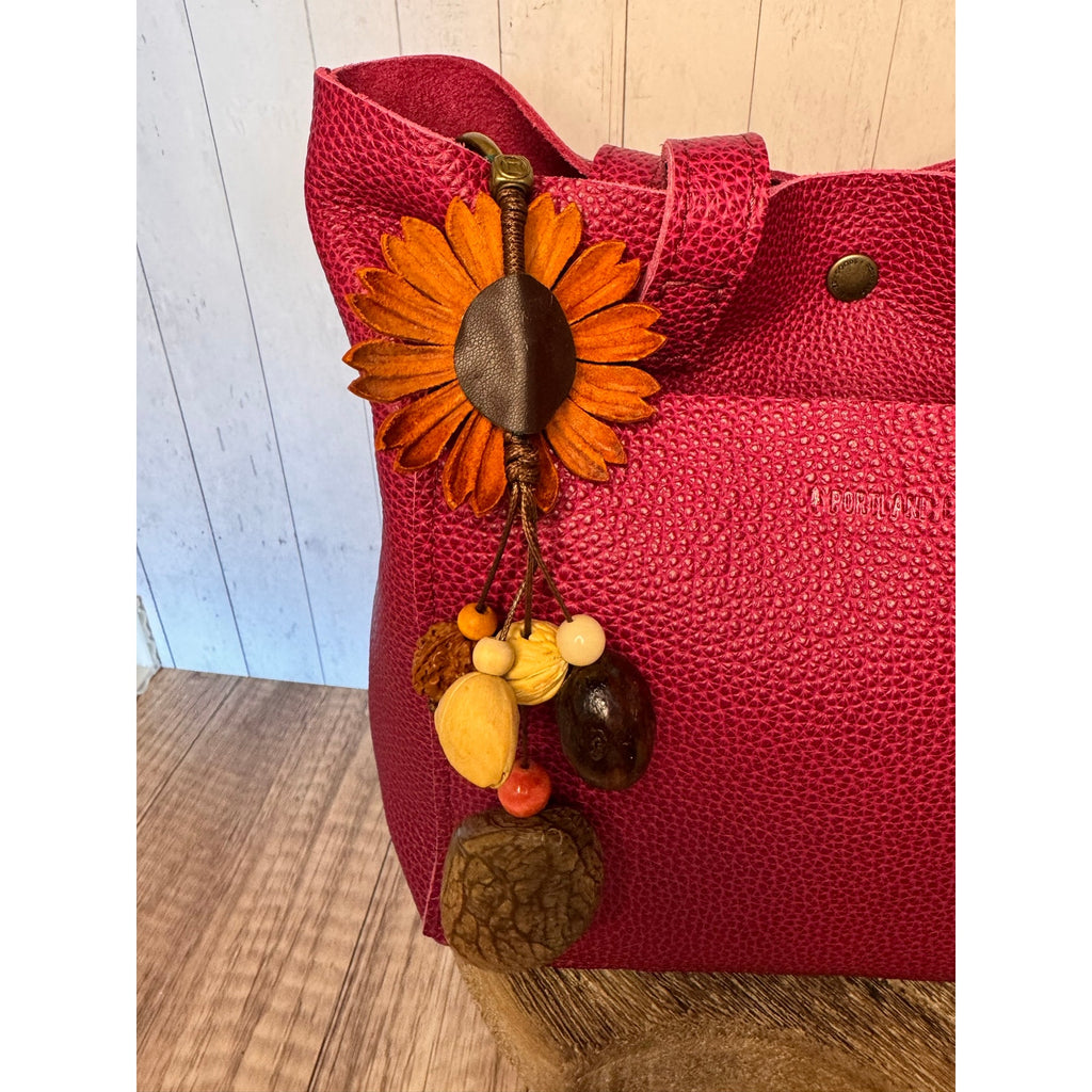 Summer Orange Gerbera Daisy Purse Charm Genuine Leather Flower Bag Charm
