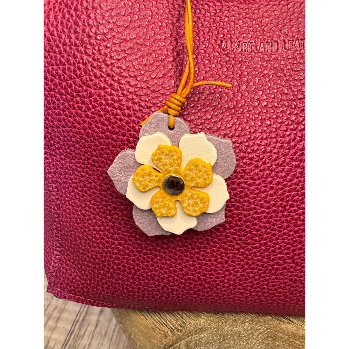 Leather Flower Bag Charm Yellow White Purple Flower Purse Charm Genuine Leather