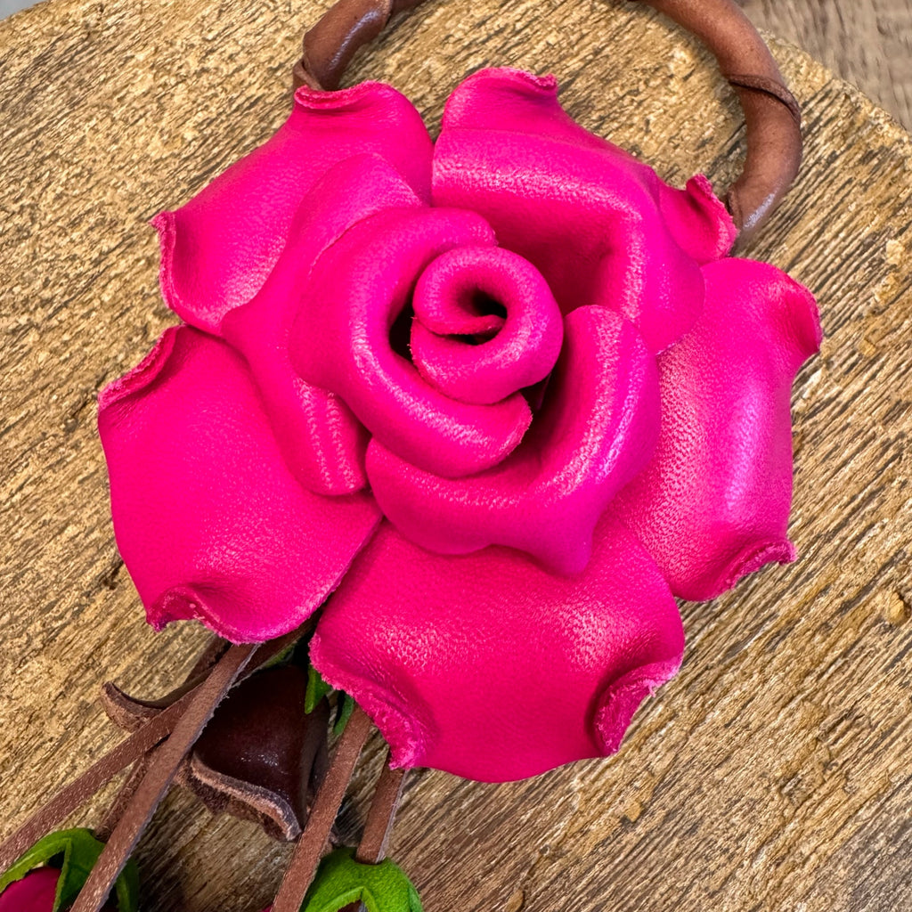 Leather Hot Pink Rose Purse Charm Genuine Leather Flower Bag Charm NEW FAST SHIP