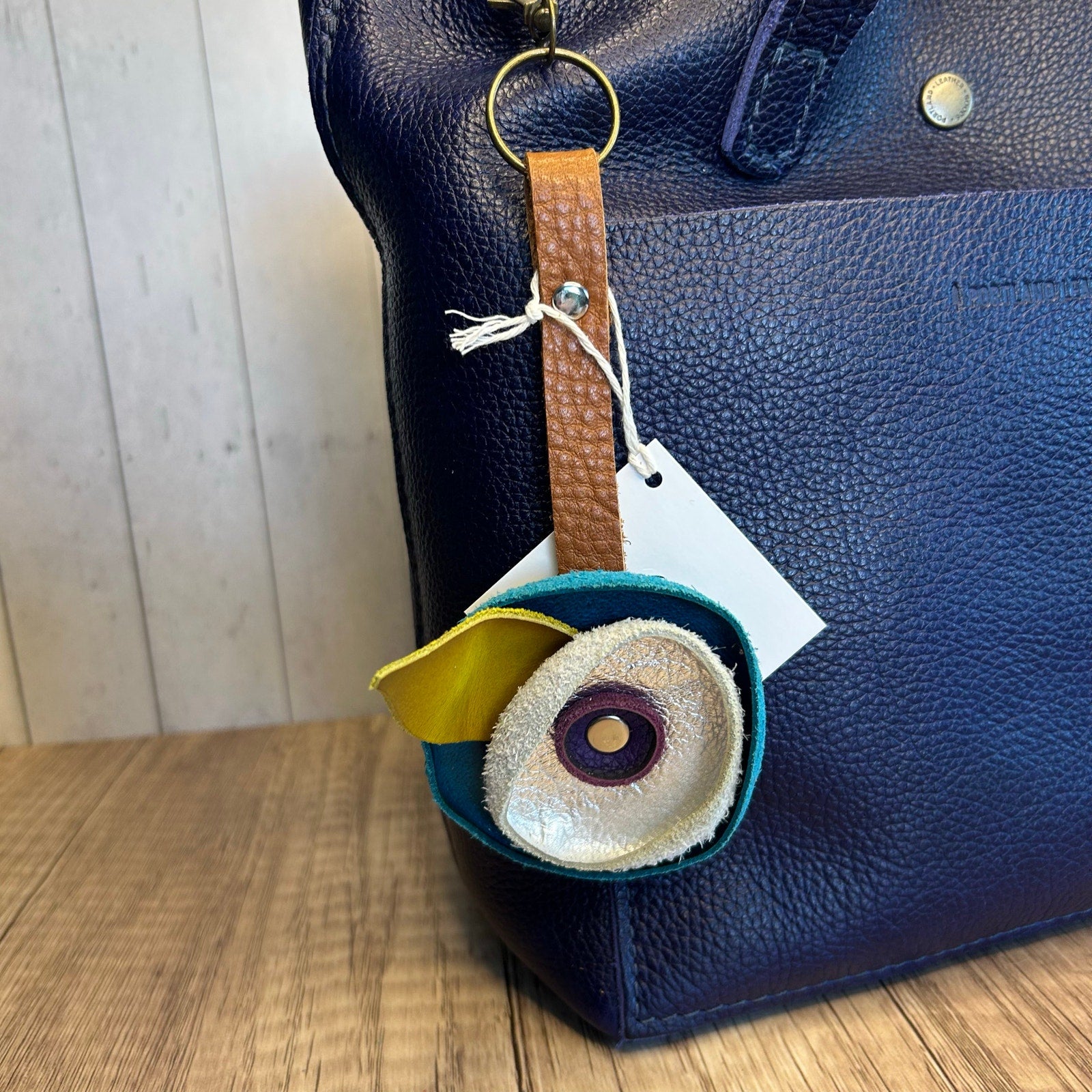 Genuine Leather Purse Charm Purple Silver Turquoise Flower Keychain Accessory
