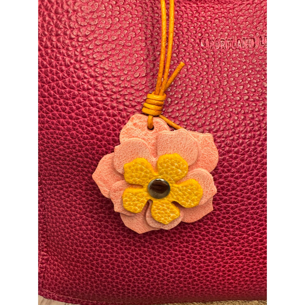 Leather Flower Bag Charm Yellow Pink Flower Purse Charm Genuine Leather 2 in
