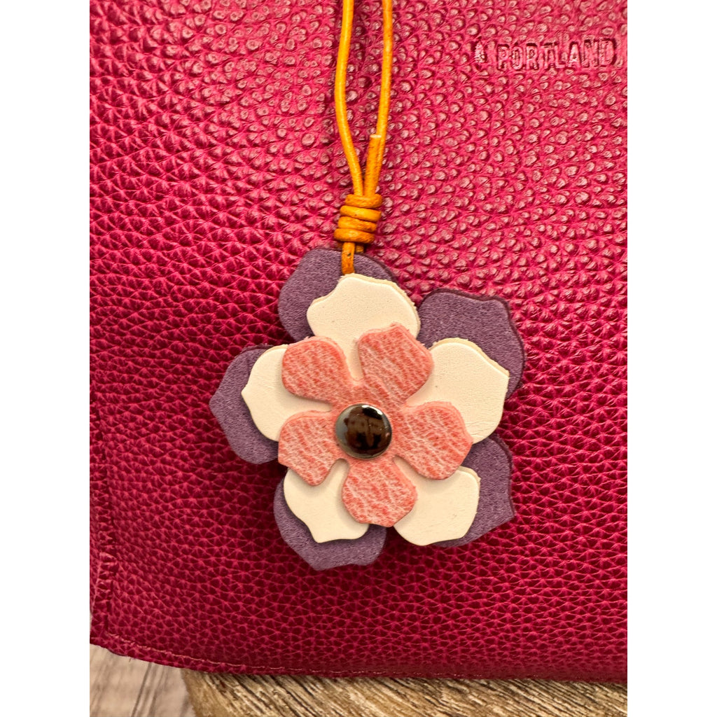 Leather Flower Bag Charm Pink White Purple Flower Purse Charm Genuine Leather