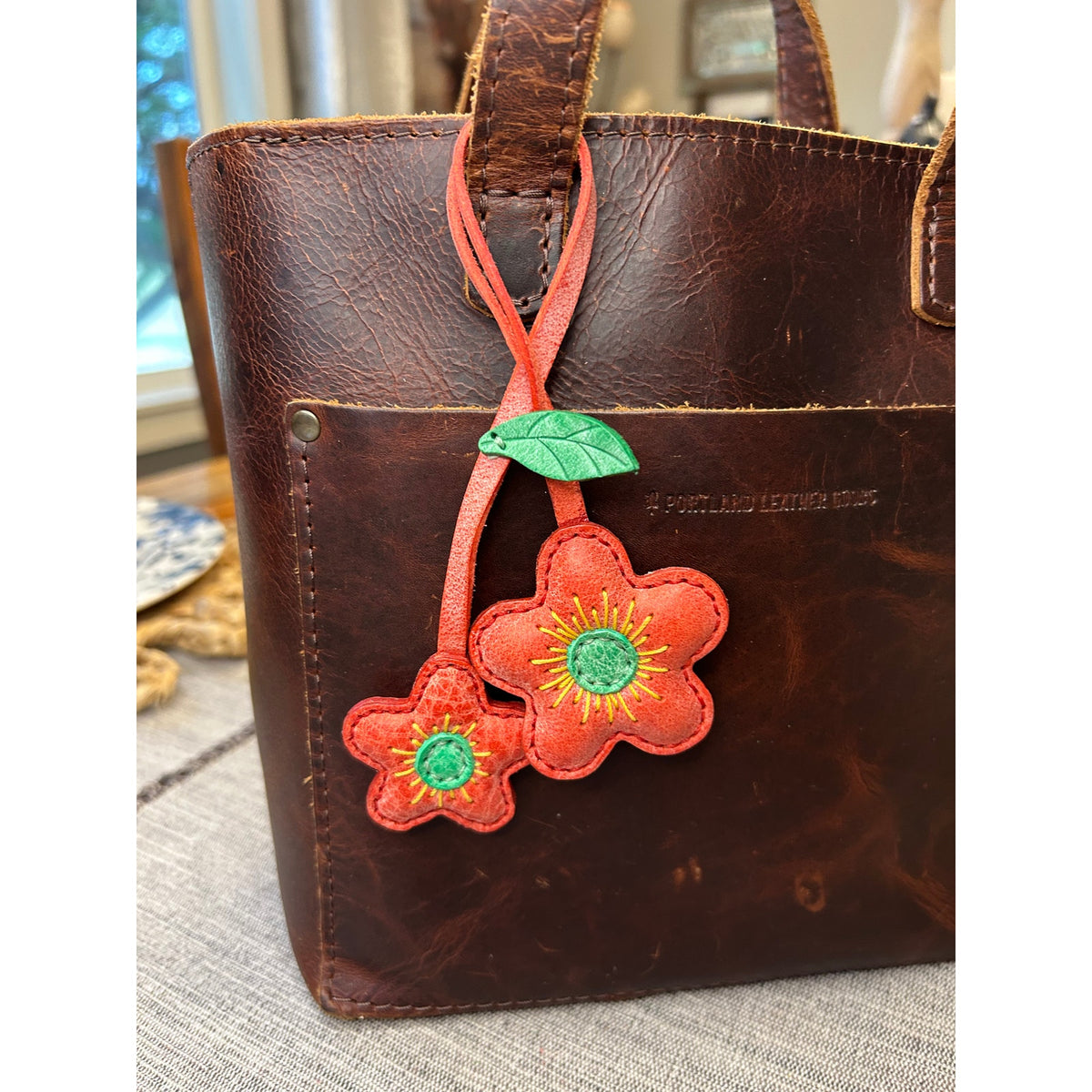 Double Light Red Flower Bag Charm Daisy Flower Genuine Leather Purse Charm