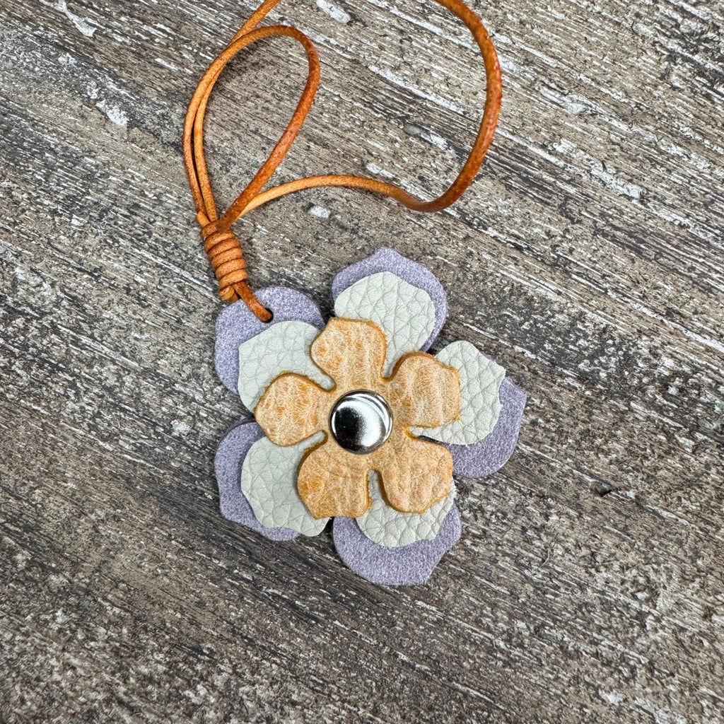 Leather Charm Lavender Yellow Flower Bag Charm Genuine Leather Purse Keychain