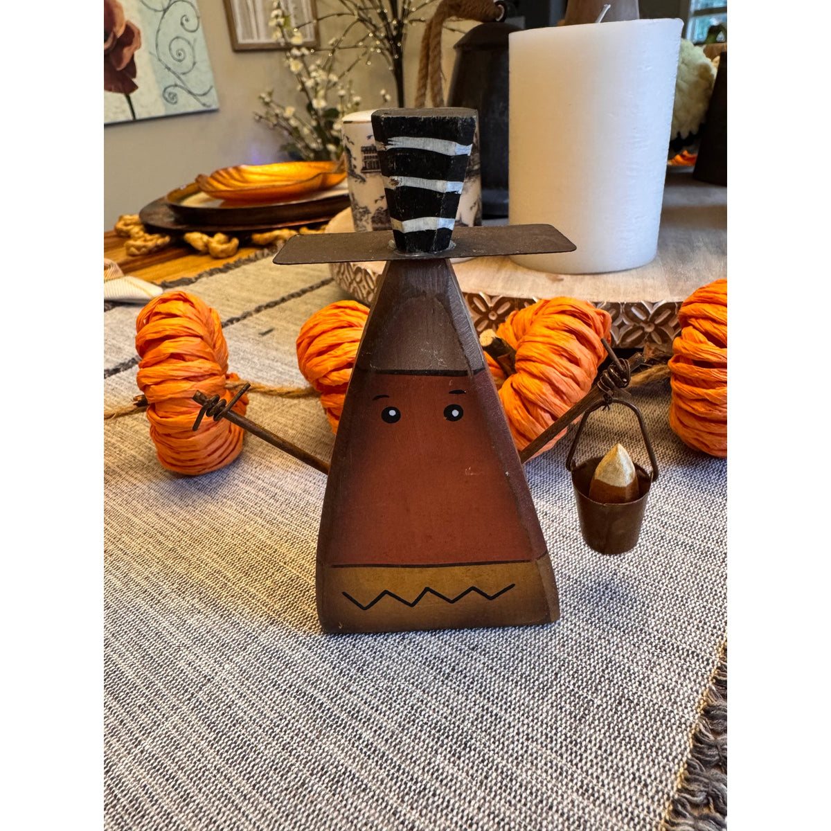 Set of 4 Fall Rustic Home Decor Wood Mummy Kitty Candy Corn Yarn Ghost
