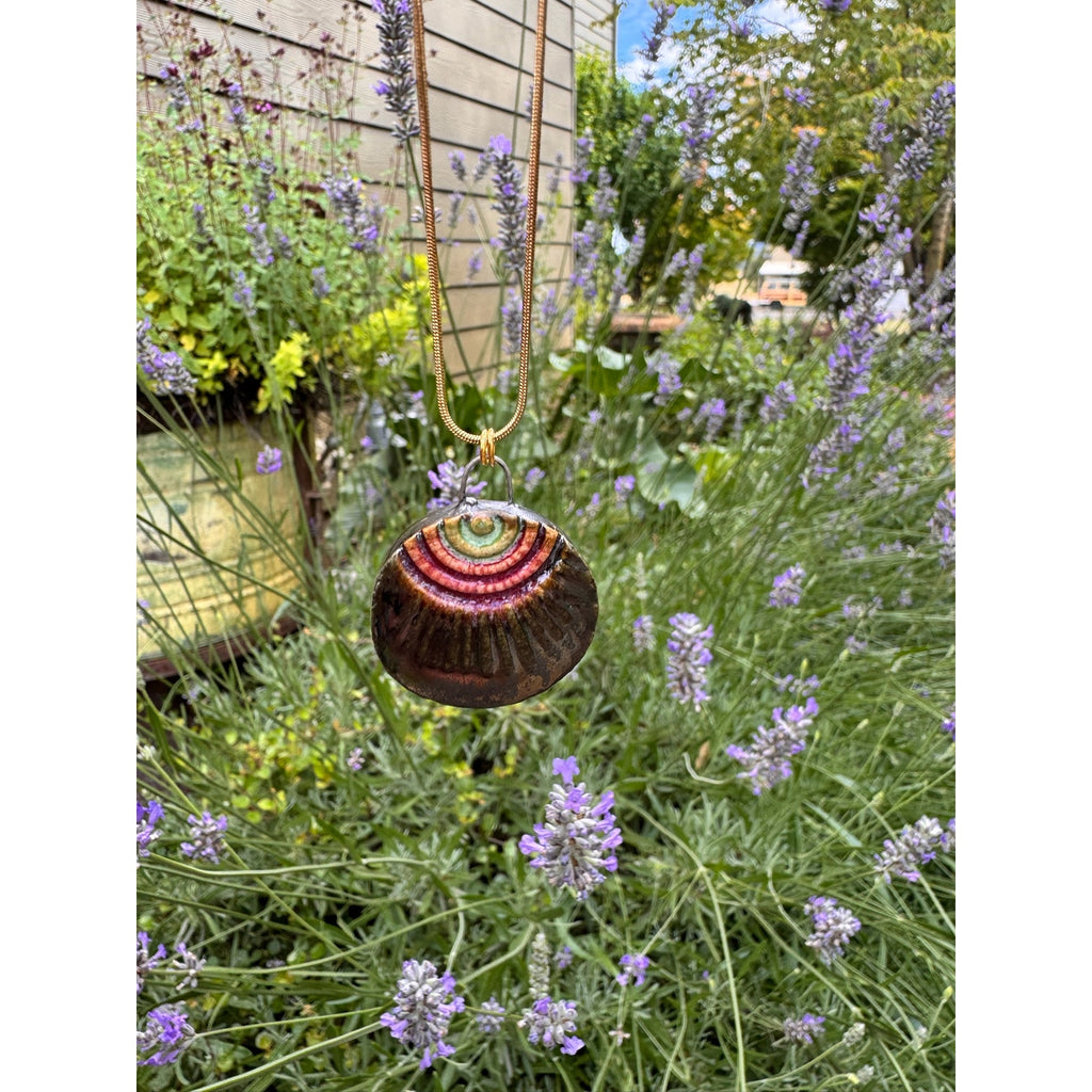 Kiln Fired Ceramic Round Sunburst Pendant Necklace Ceramics Made in Oregon