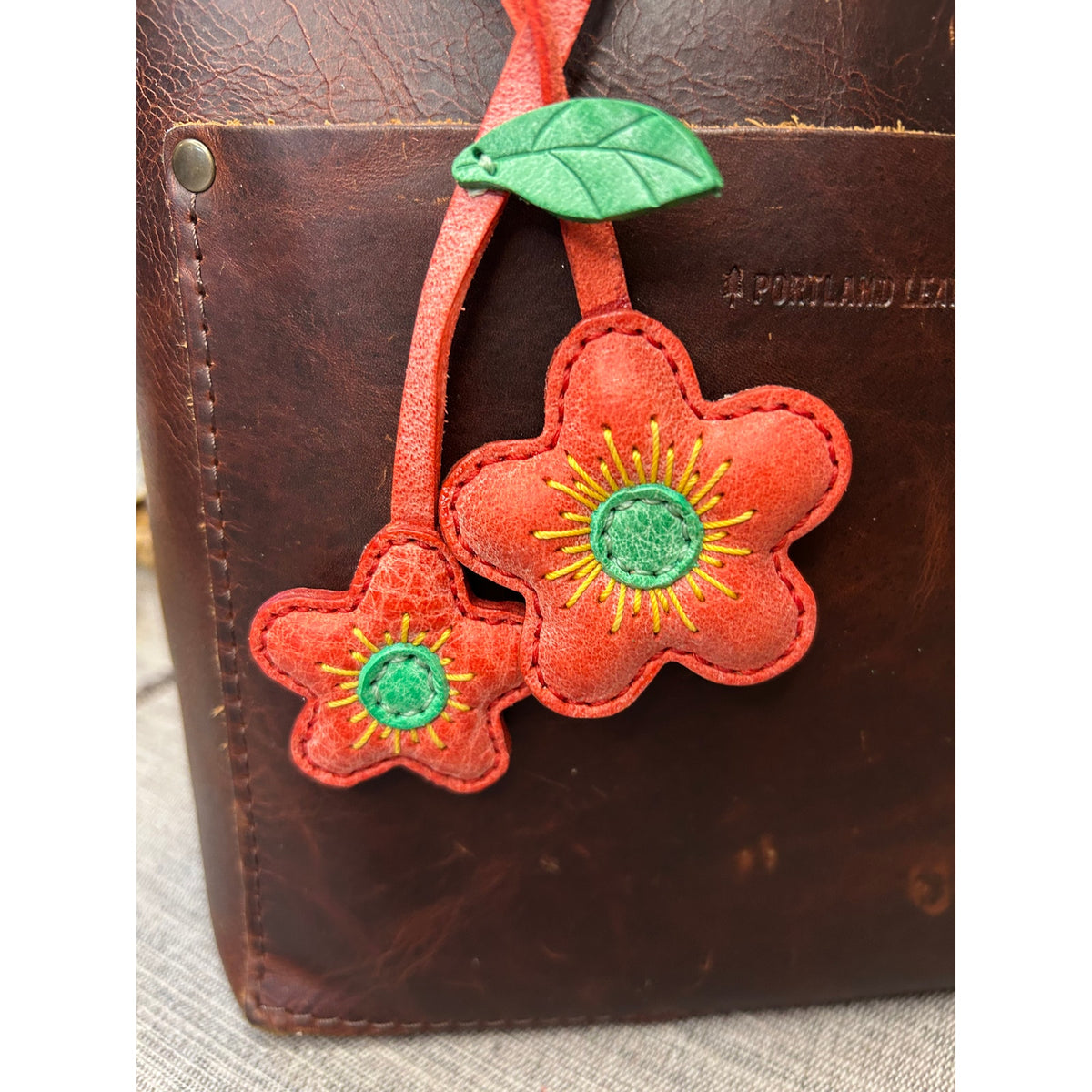 Double Light Red Flower Bag Charm Daisy Flower Genuine Leather Purse Charm