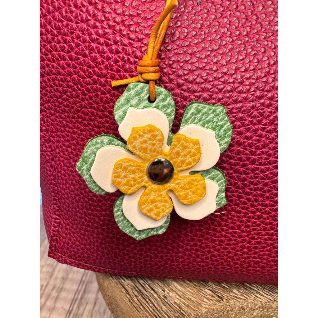 Leather Flower Bag Charm Yellow White Green Flower Purse Charm Genuine Leather