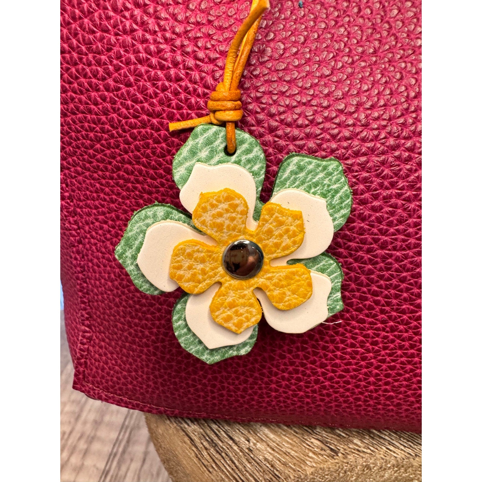 Leather Flower Bag Charm Yellow White Green Flower Purse Charm Genuine Leather