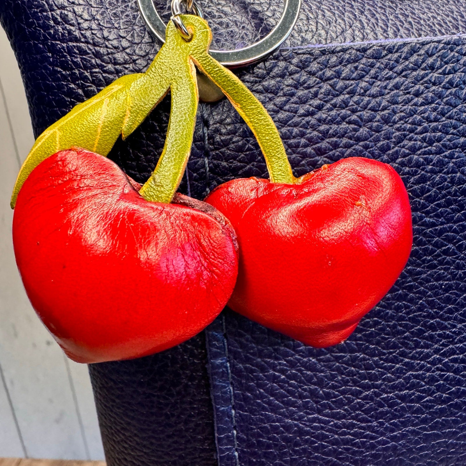 Genuine Leather Cherries Bag Charm Hand Painted Leather Cherry Keychain NEW!