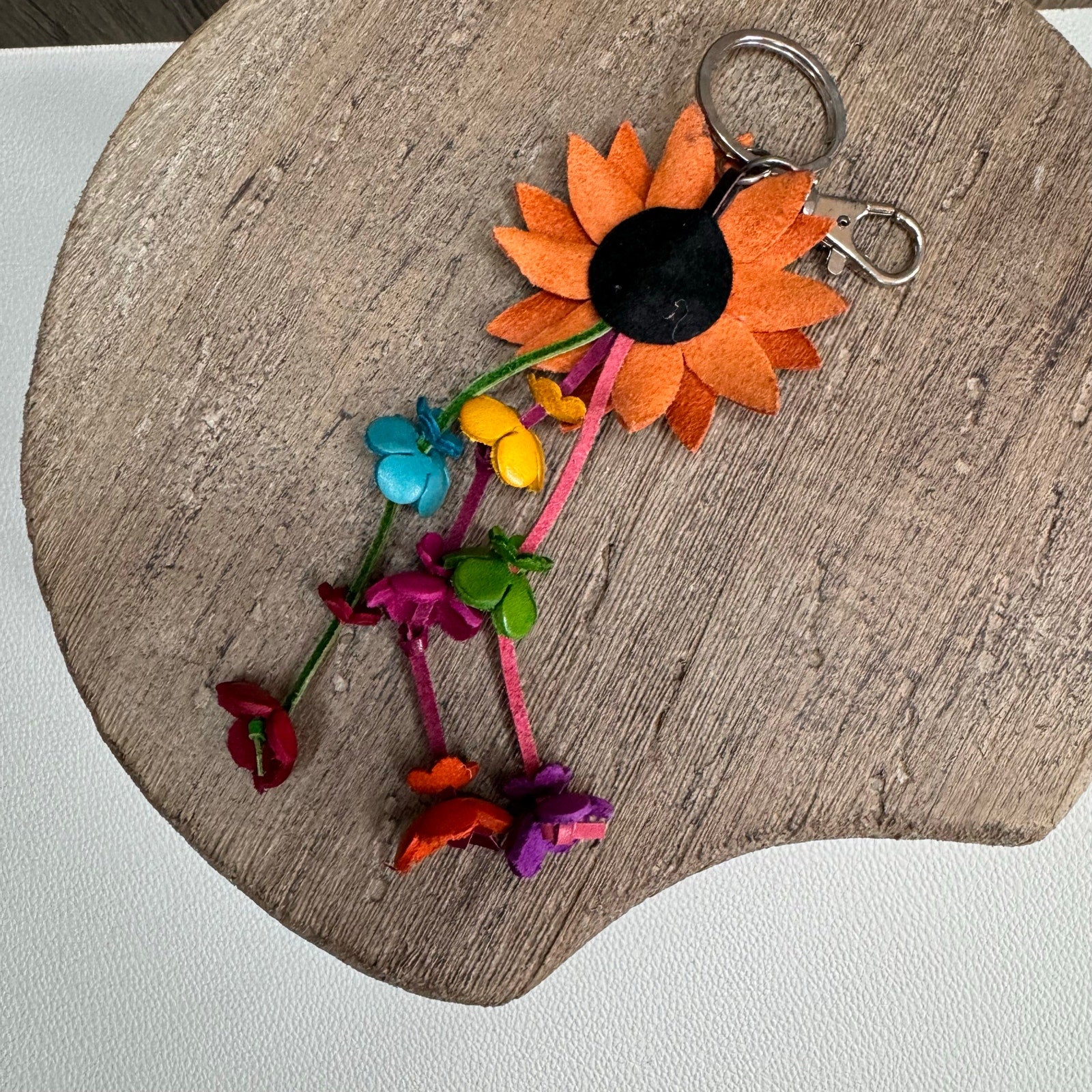 Daisy Flower Leather Bag Charm Genuine Orange Leather Purse Crossbody Keychain