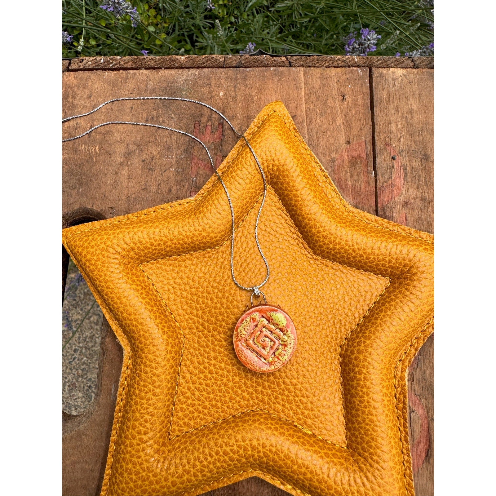 Boho Round Pendant Necklace Orange Yellow Jewelry Boho Pottery Necklace