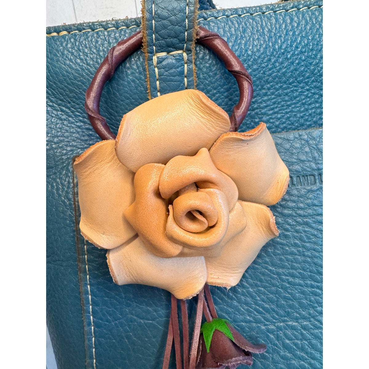 Rose Purse Charm Genuine Leather Tan Rose Summer Flower Bag Charm FAST SHIP