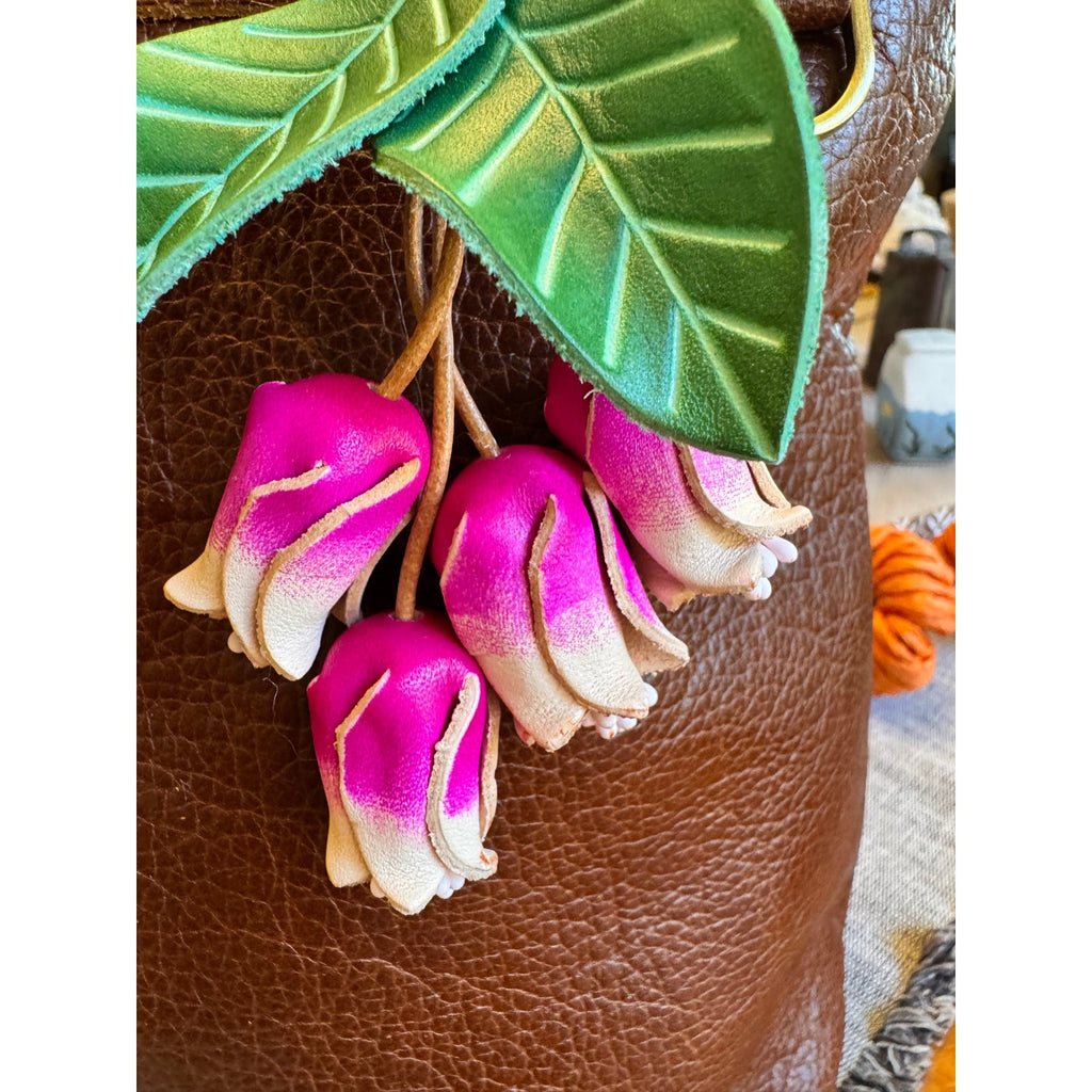 Genuine Leather Green Leaf Hot Pink Flower Purse Charm Leather Bag Charm