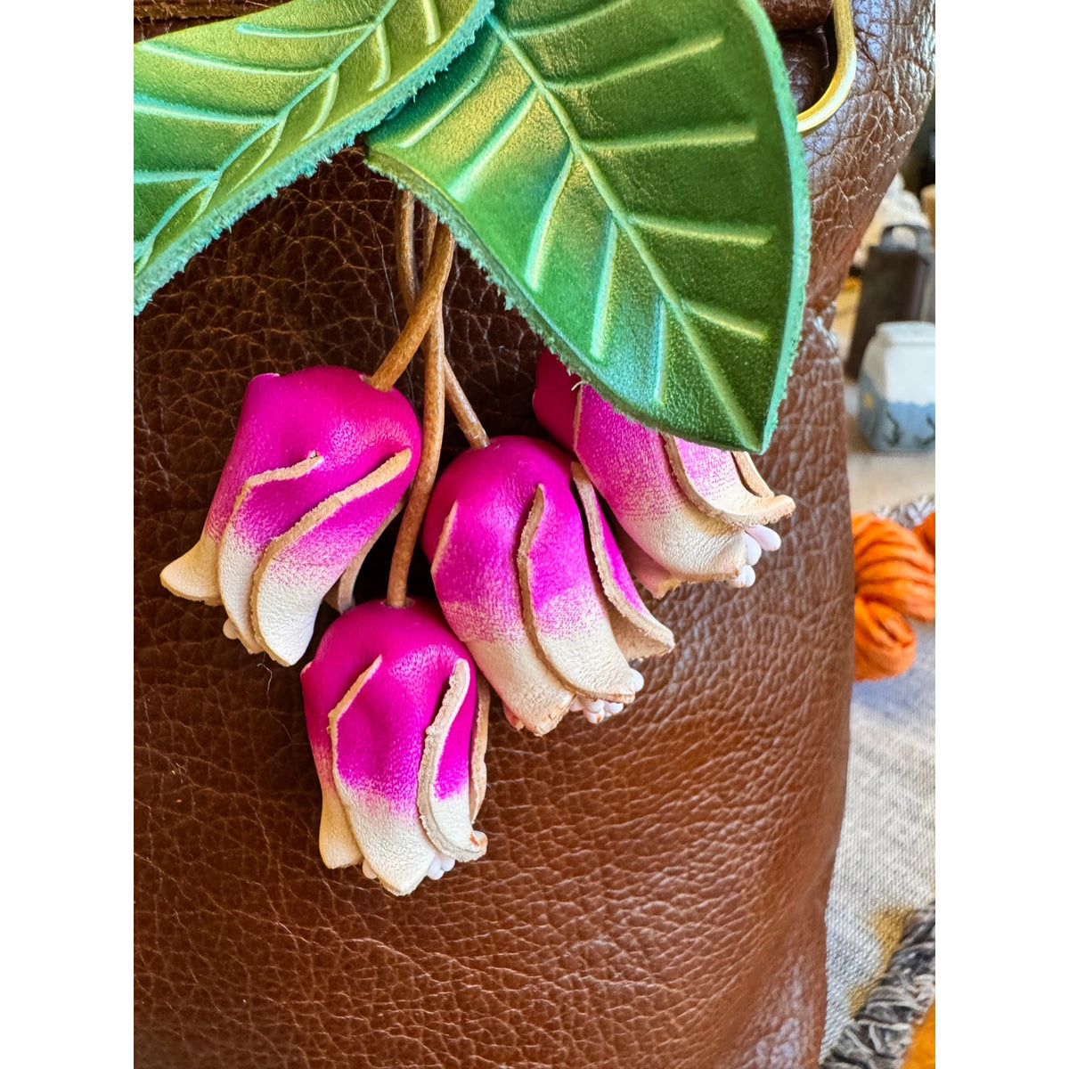 Genuine Leather Green Leaf Hot Pink Flower Purse Charm Leather Bag Charm