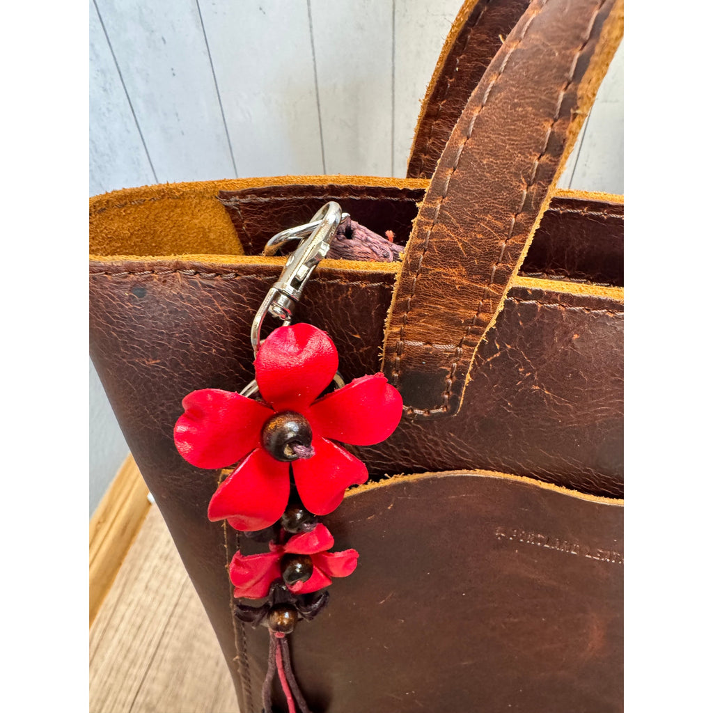 Plumeria Flower Bag Charm Genuine Leather Flower Bag Charm Red Flower Charm