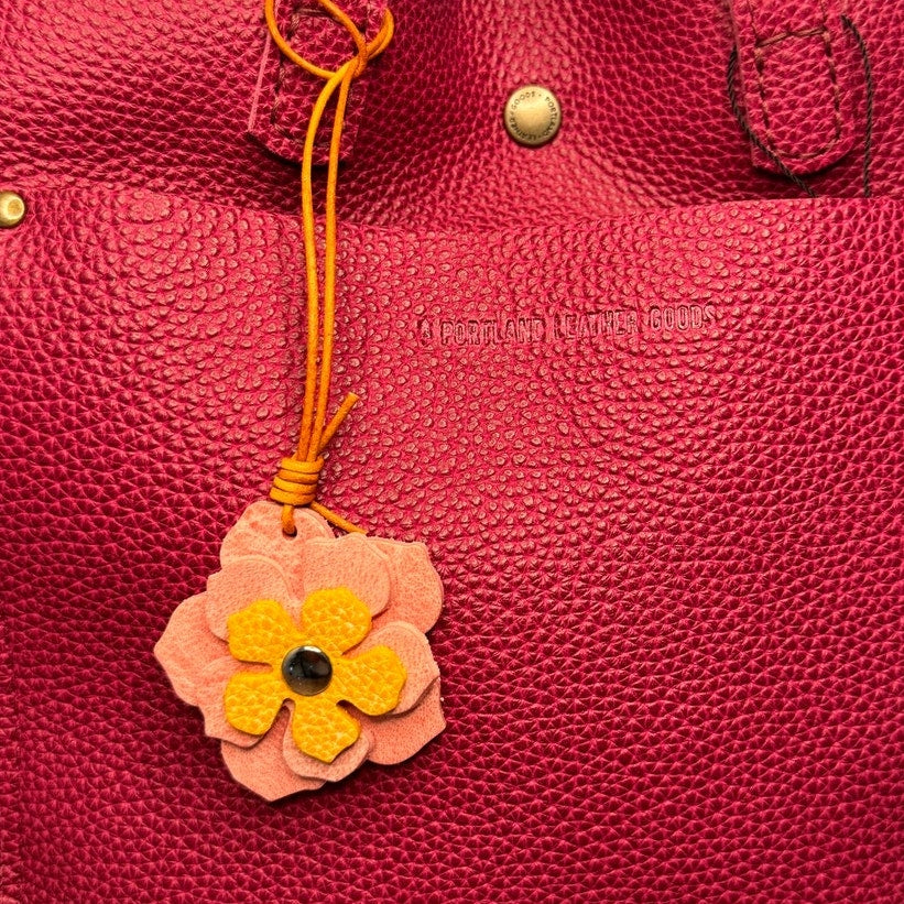 Leather Flower Bag Charm Yellow Pink Flower Purse Charm Genuine Leather 2 in